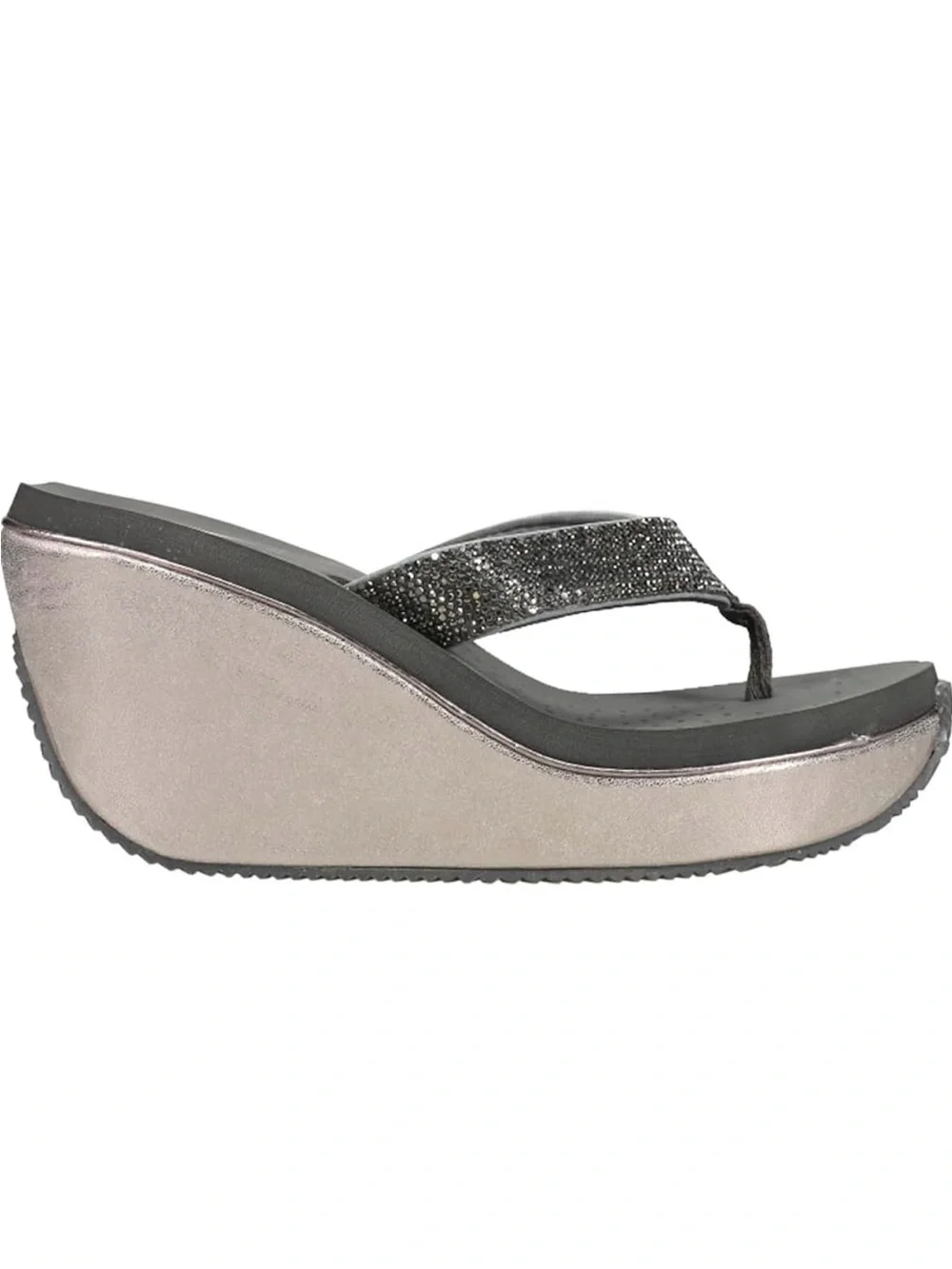 Metallic Gray Rhinestone Wedge Flip Flops - Women's